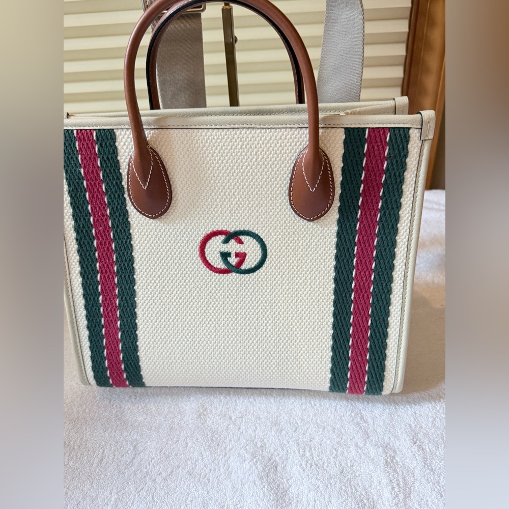 Gucci White Canvas Tote with Green and Red Accents